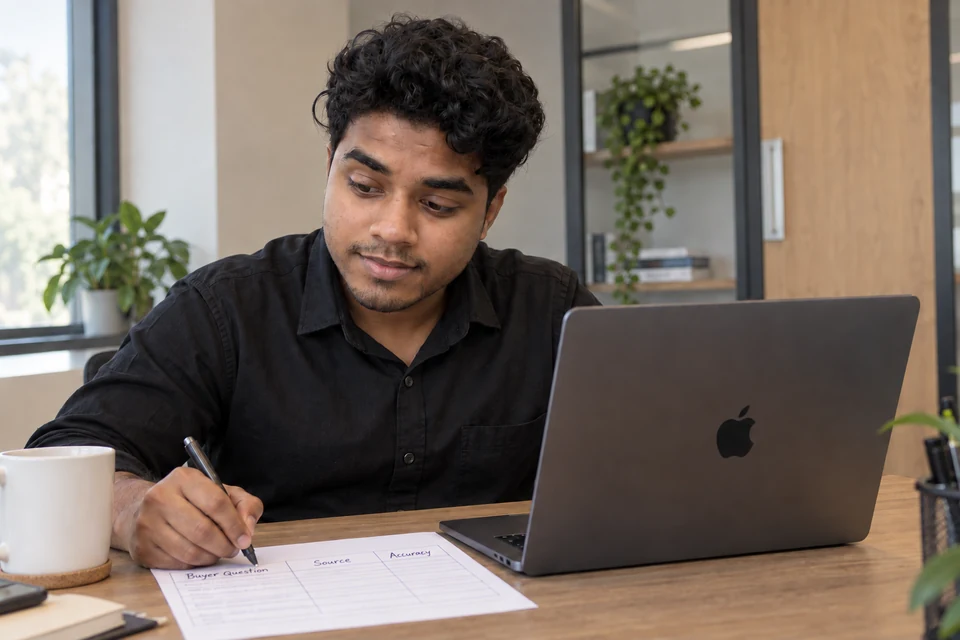 Start with the buyer’s questions Illustration of Aditya reviewing a worksheet of buyer questions, sources and answer accuracy.