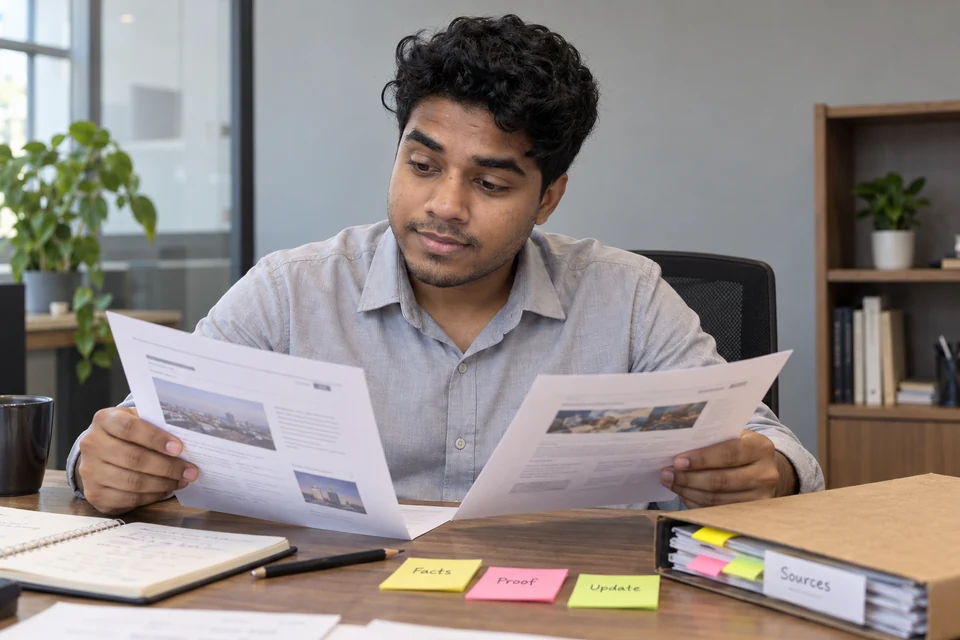 Make every claim easier to verify Illustration of Aditya comparing printed pages with source material marked Facts, Proof and Update.