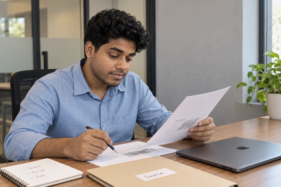 Illustration of Aditya checking source material against a case-study draft and Source, Period, Role notes.