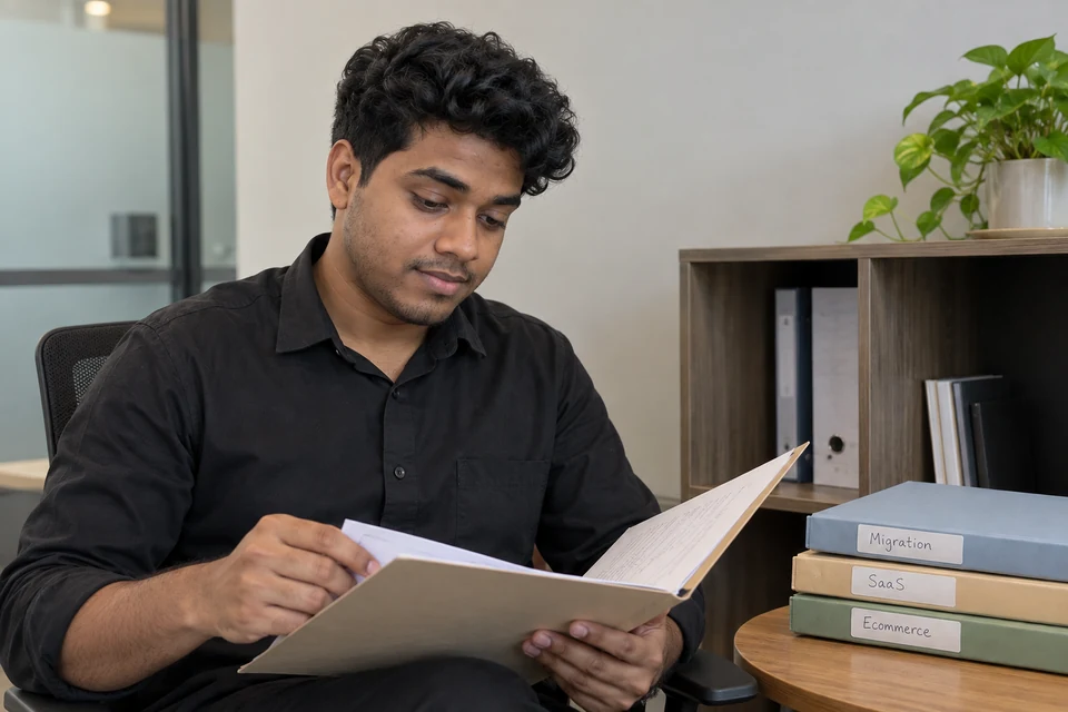 Illustration of Aditya reviewing project folders labelled Migration, SaaS and Ecommerce.