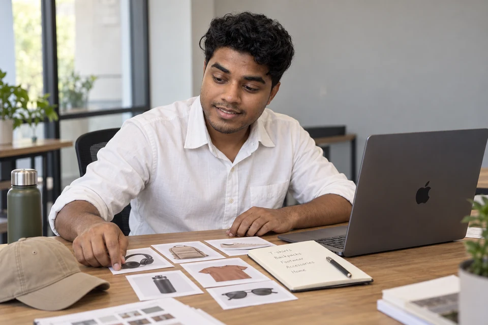 Connect search demand to the catalogue Illustration of Aditya arranging product photographs, category plans and retail samples.
