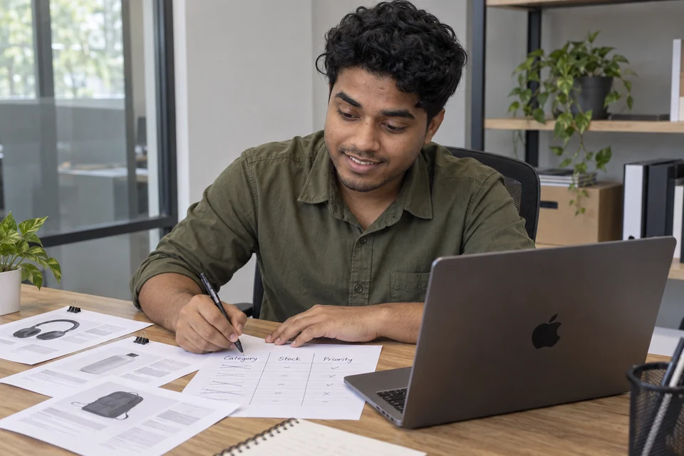 Let availability inform the priorities Illustration of Aditya reviewing a catalogue sheet alongside category and stock notes.