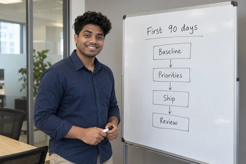 Illustration of Aditya beside a roadmap showing Baseline, Priorities, Ship and Review.