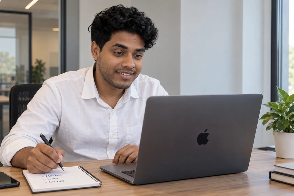 Illustration of Aditya at a remote SEO kickoff with notes about the market, goal and owner.