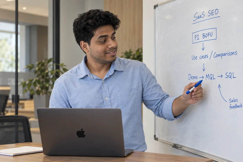 Illustration of Aditya mapping SaaS use cases and comparison pages to demo and qualified-lead stages.