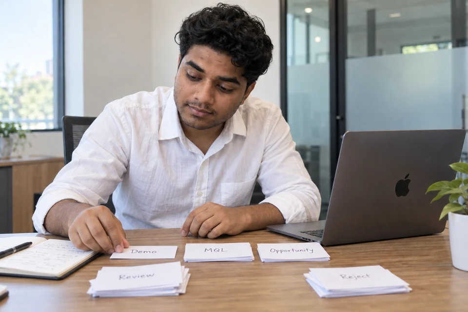 Illustration of Aditya sorting demo, marketing-qualified lead and opportunity cards.