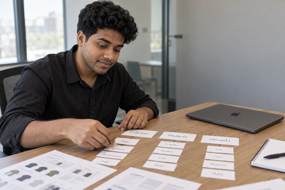 Give collections a clear purpose Illustration of Aditya arranging collection, product and variant cards into a store hierarchy.