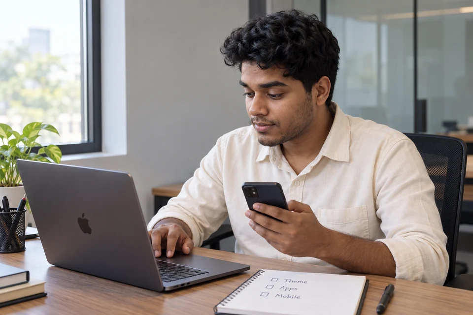 Check the storefront customers use Illustration of Aditya comparing a storefront on a laptop and mobile phone.
