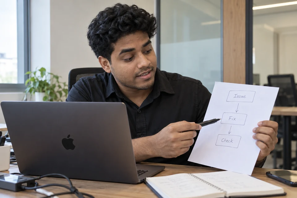 Illustration of Aditya explaining a technical worksheet labelled Issue, Fix and Check.