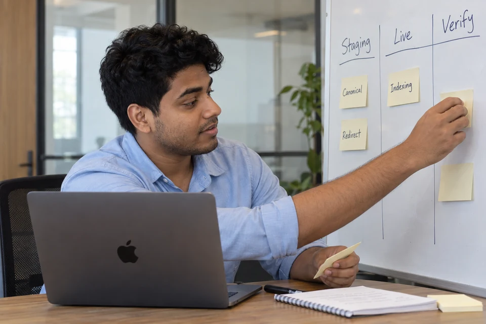Illustration of Aditya reviewing canonical, redirect and indexing tasks across Staging, Live and Verify.