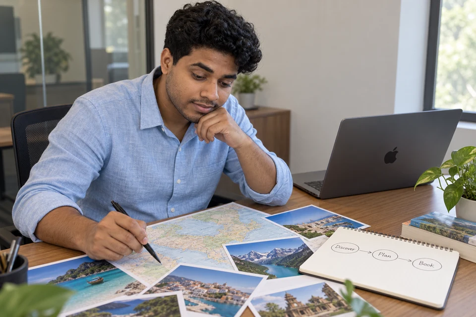 Map discovery through to booking Illustration of Aditya working with destination photographs, a map and a Discover, Plan, Book journey.