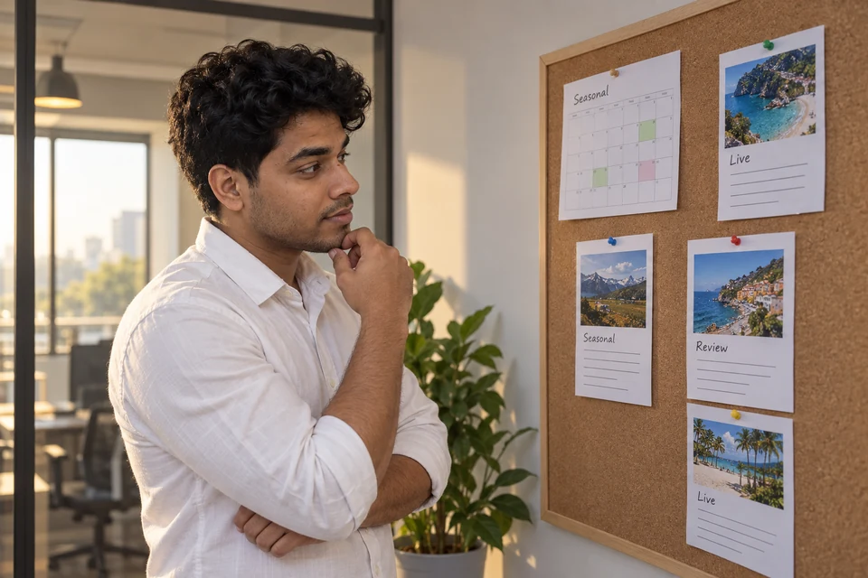Keep the search experience useful Illustration of Aditya reviewing travel listing sheets and a seasonal inventory board.