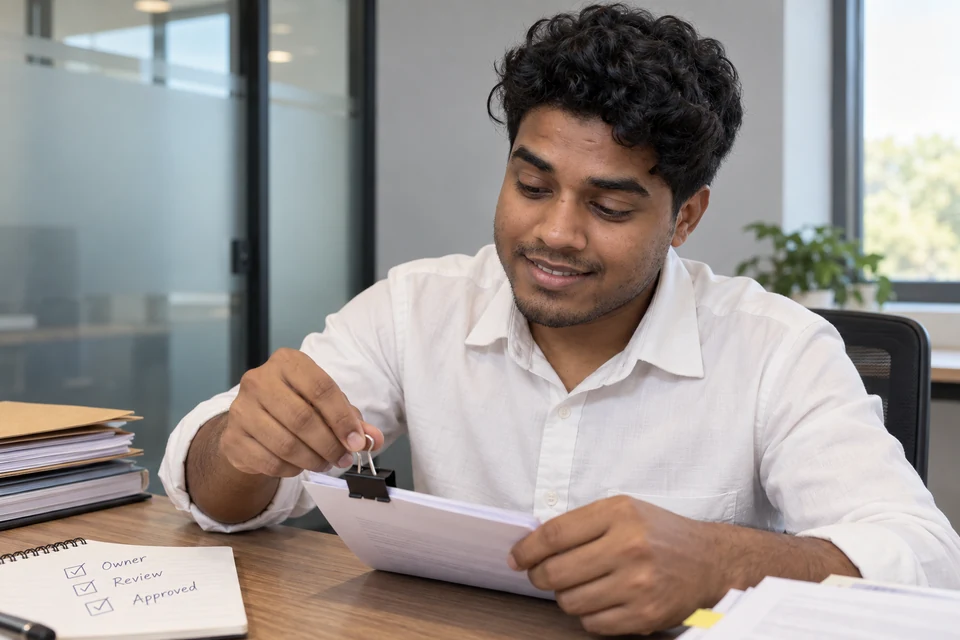 Illustration of Aditya checking a report against Owner, Review and Approved handoff requirements.