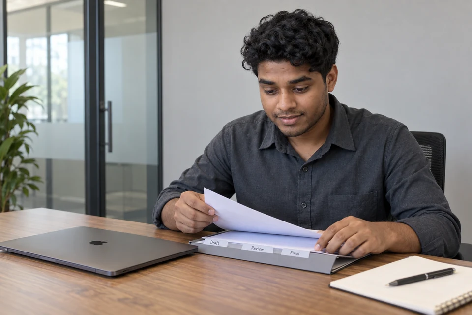 Illustration of Aditya reviewing an unbranded report with Draft, Review and Final tabs.